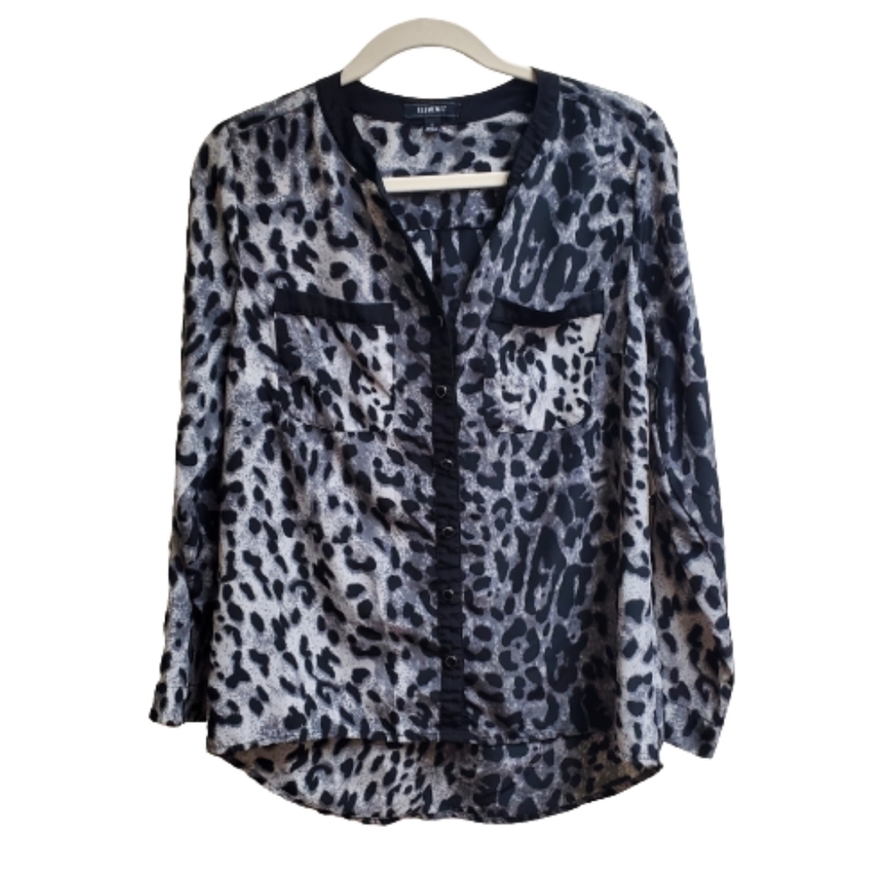 Elementz Womens Small Grey Black Leopard Print Button Up Blouse MFAB0013